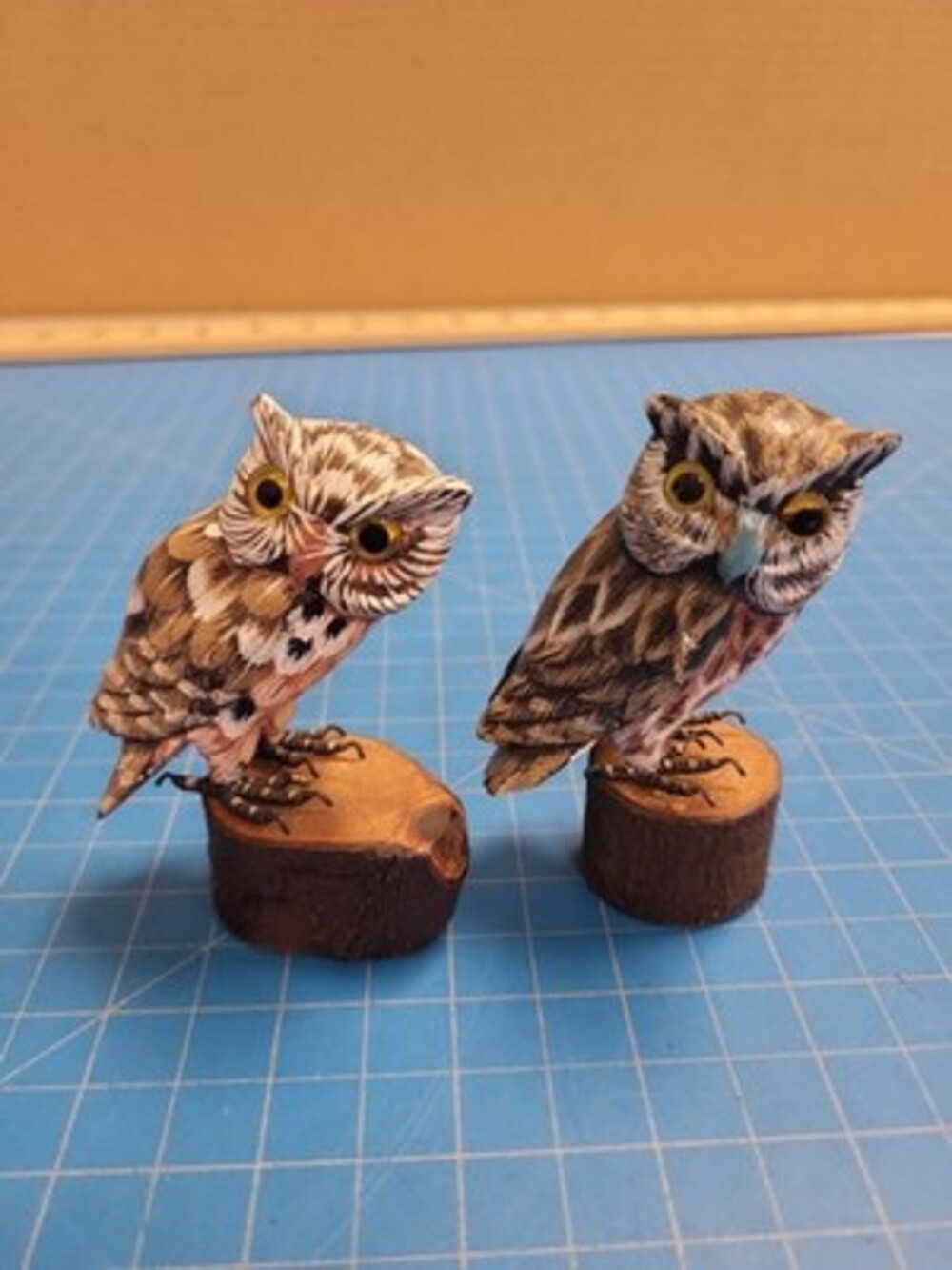 Carved Wood Owl Figurines Pair 3" Tall Bird Statue Sculpture Home Decor Art